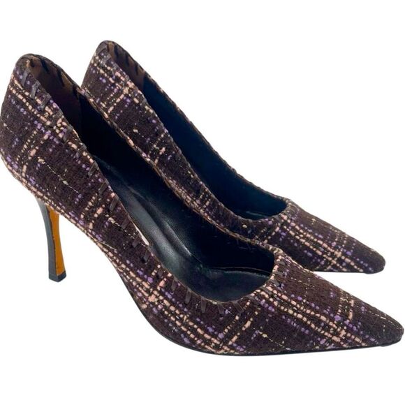 Manolo Blahnik BB Tweed Whipstitch Pumps Pointed Toe Purple Brown 37.5 / 7.5 - Picture 1 of 15